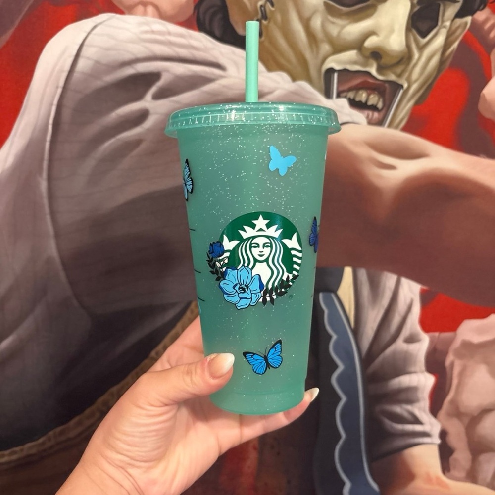 Starbucks Teal Tumbler with Emily corpse bride on back.